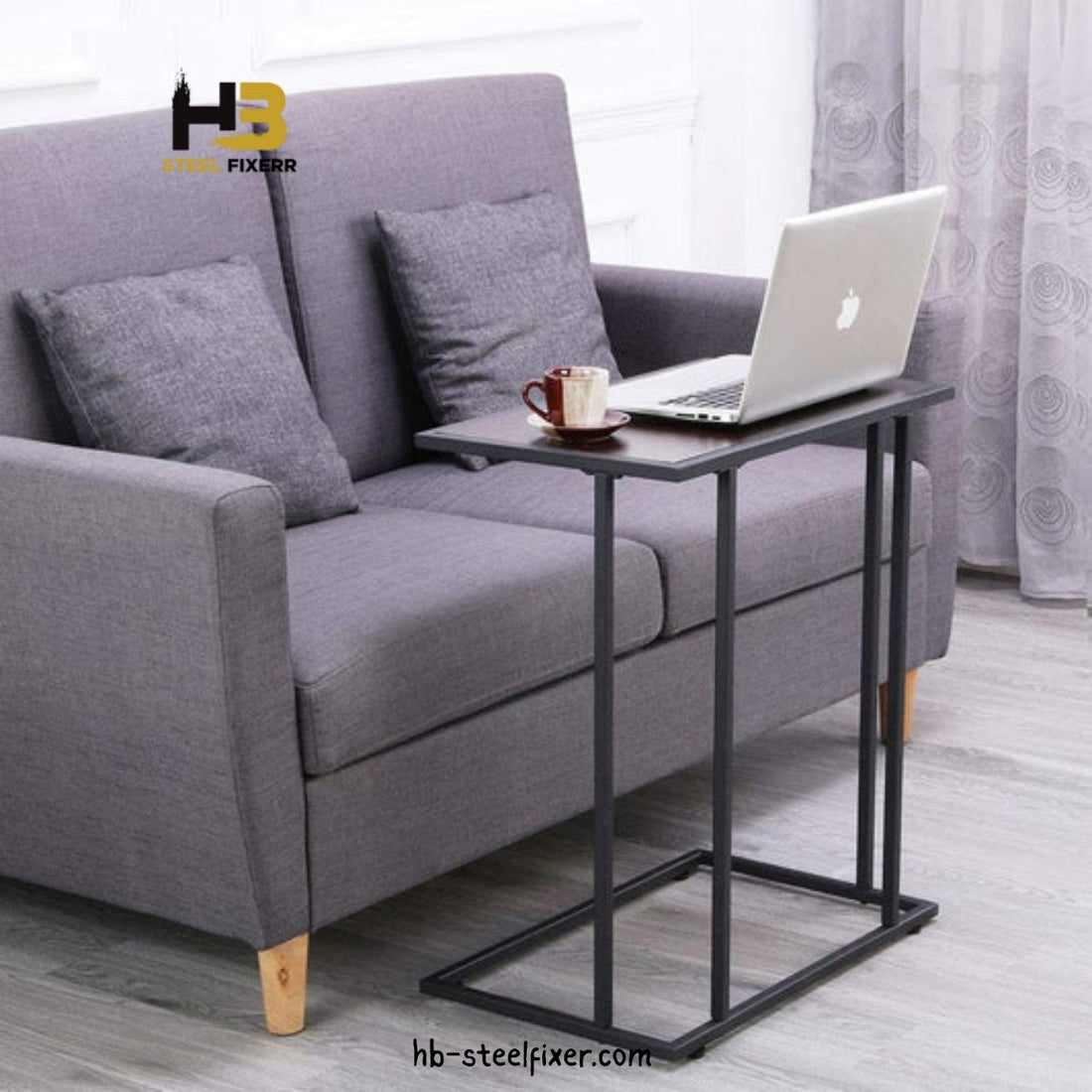 Modern C-Shaped Laptop Side Table – Wood Top with Black Iron Frame (2 Sizes)