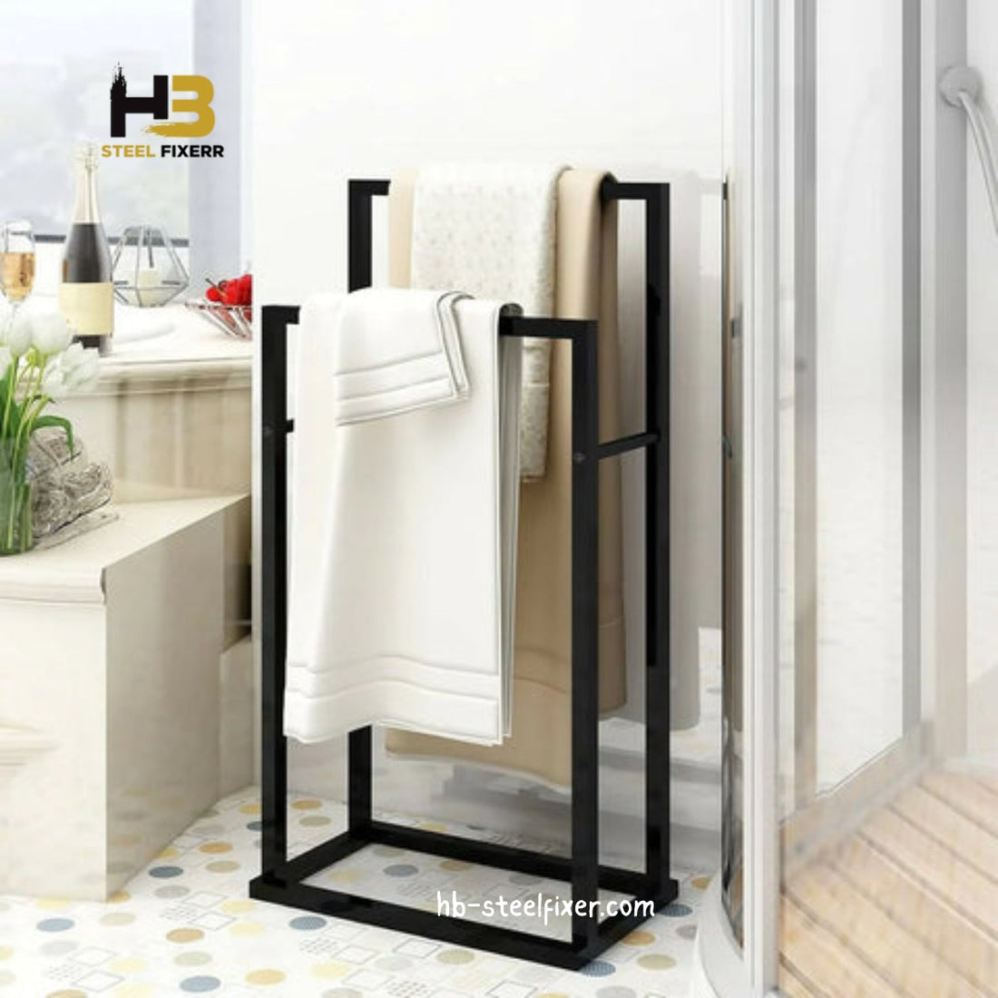 Freestanding Metal Towel Rack with 2 Bars – Black Bathroom Organizer Shelf