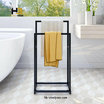 Freestanding Metal Towel Rack with 2 Bars – Black Bathroom Organizer Shelf
