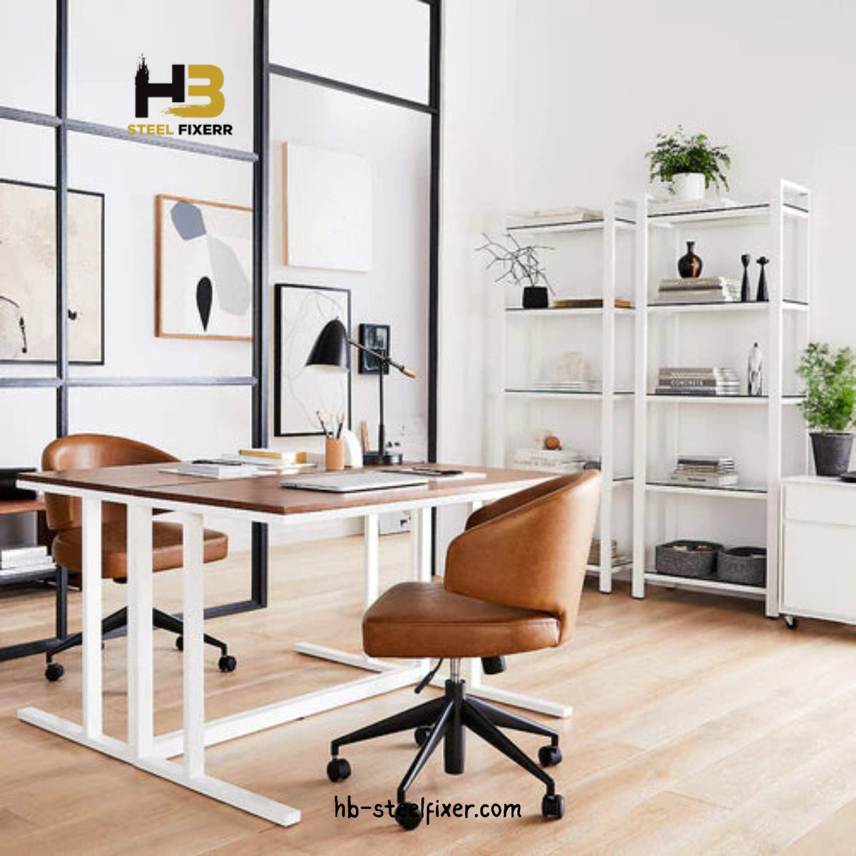 Office Table – White Frame with Warm Walnut MDF Top