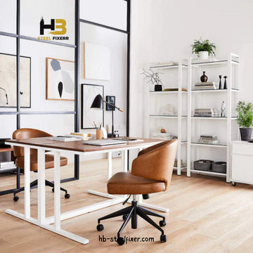 Office Table – White Frame with Warm Walnut MDF Top