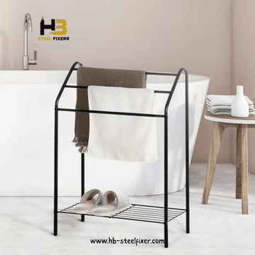 3-Tier Matte Black Towel Holder Stand – Freestanding Bathroom Organizer