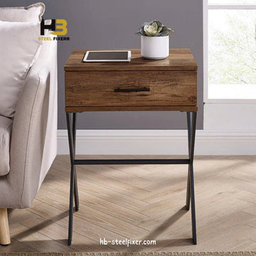 X-Frame Side Accent Table – Rustic Wood Top with Metal Frame