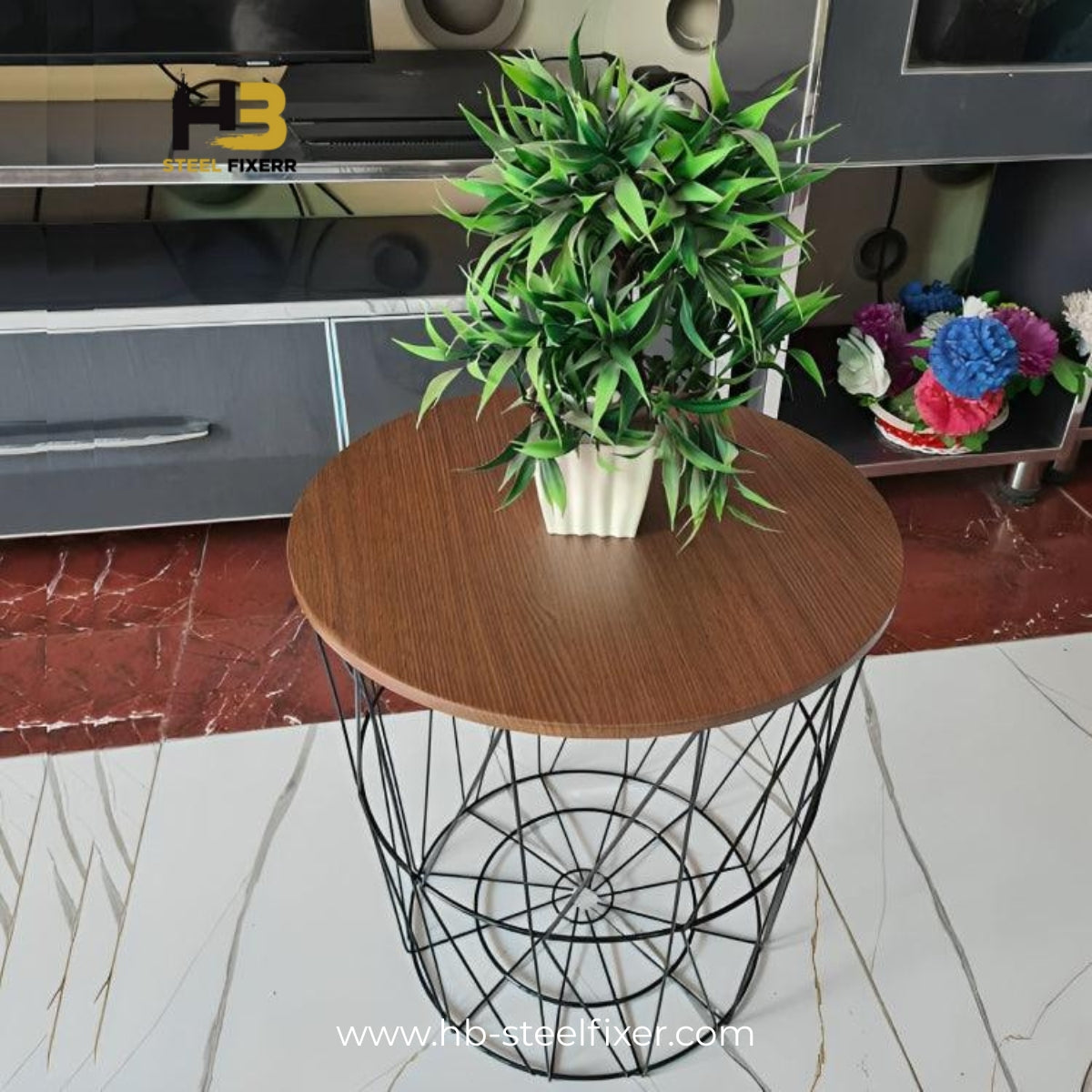 Modern Iron Bedside Table with Storage Basket & Cover