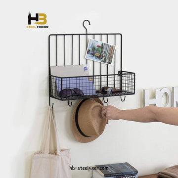 Metal Wall-Mounted Spice Rack with 5 Utensil Hooks