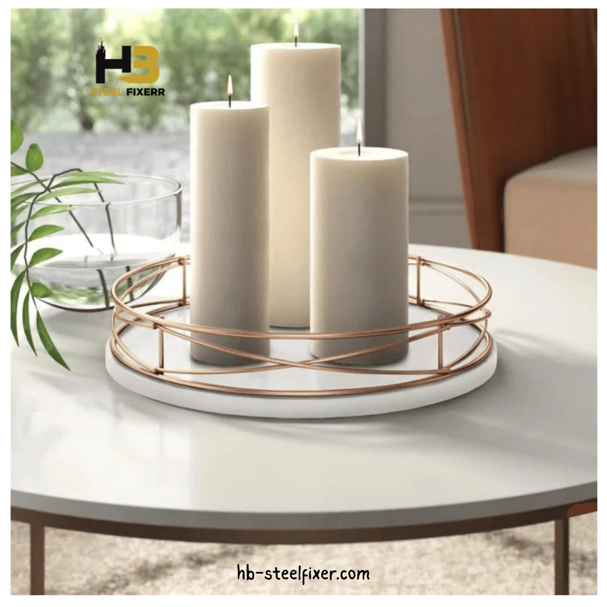 Golden Geometric Wooden Tray – White Base with Metal Accents