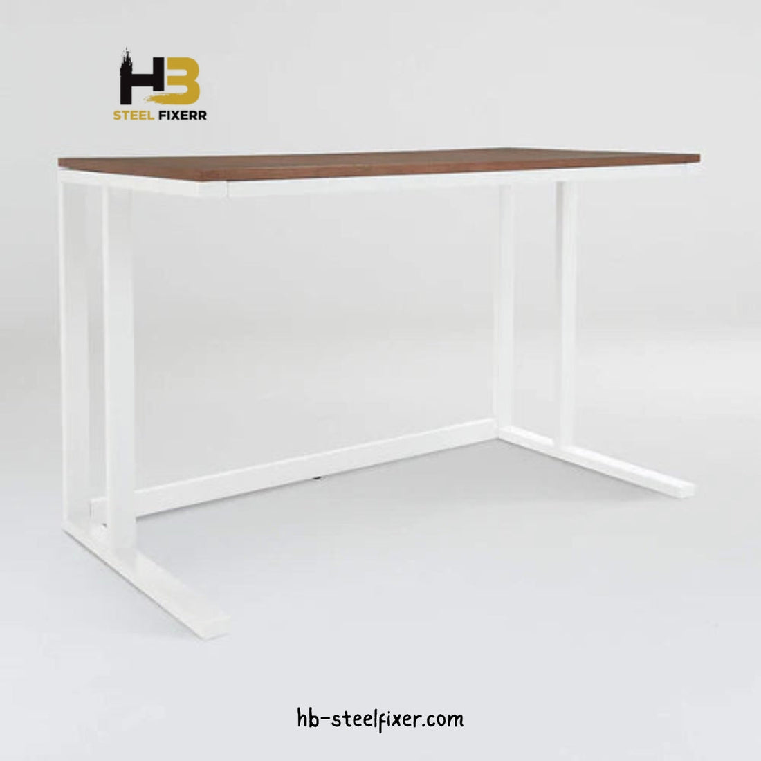Office Table – White Frame with Warm Walnut MDF Top