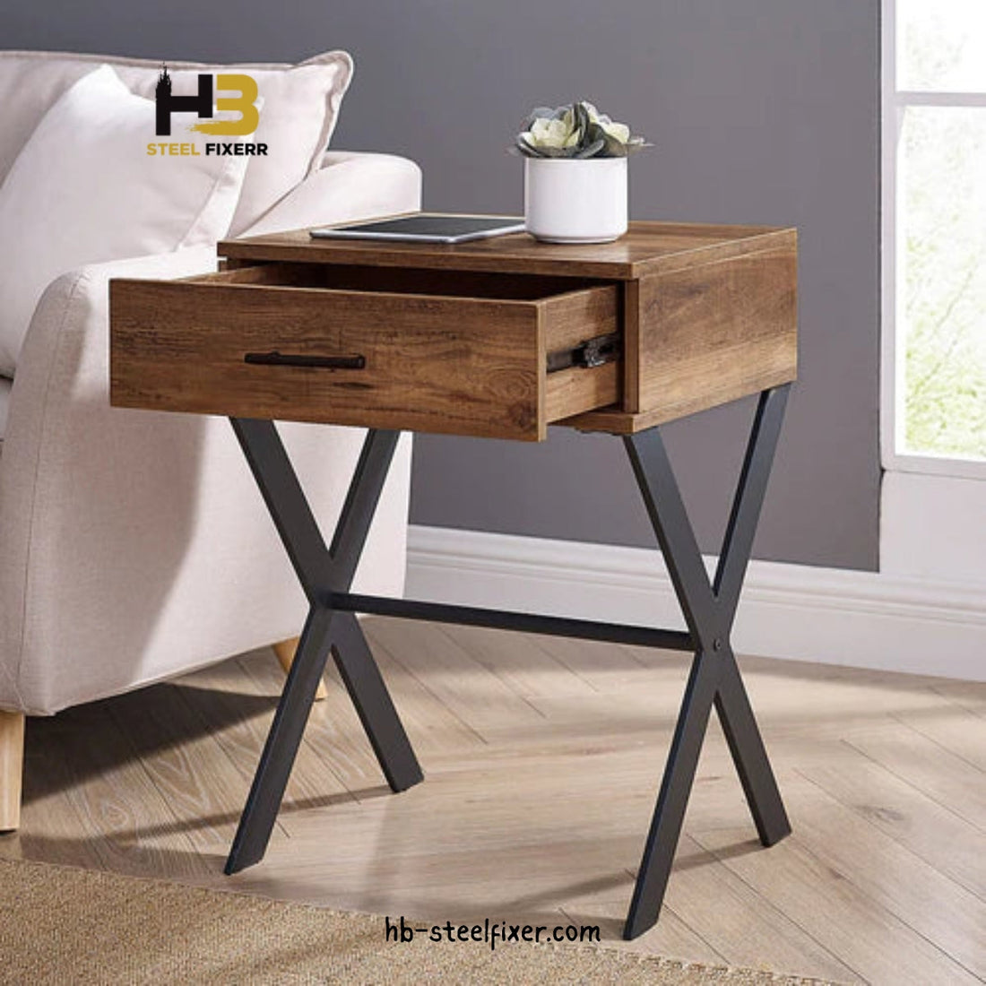 X-Frame Side Accent Table – Rustic Wood Top with Metal Frame