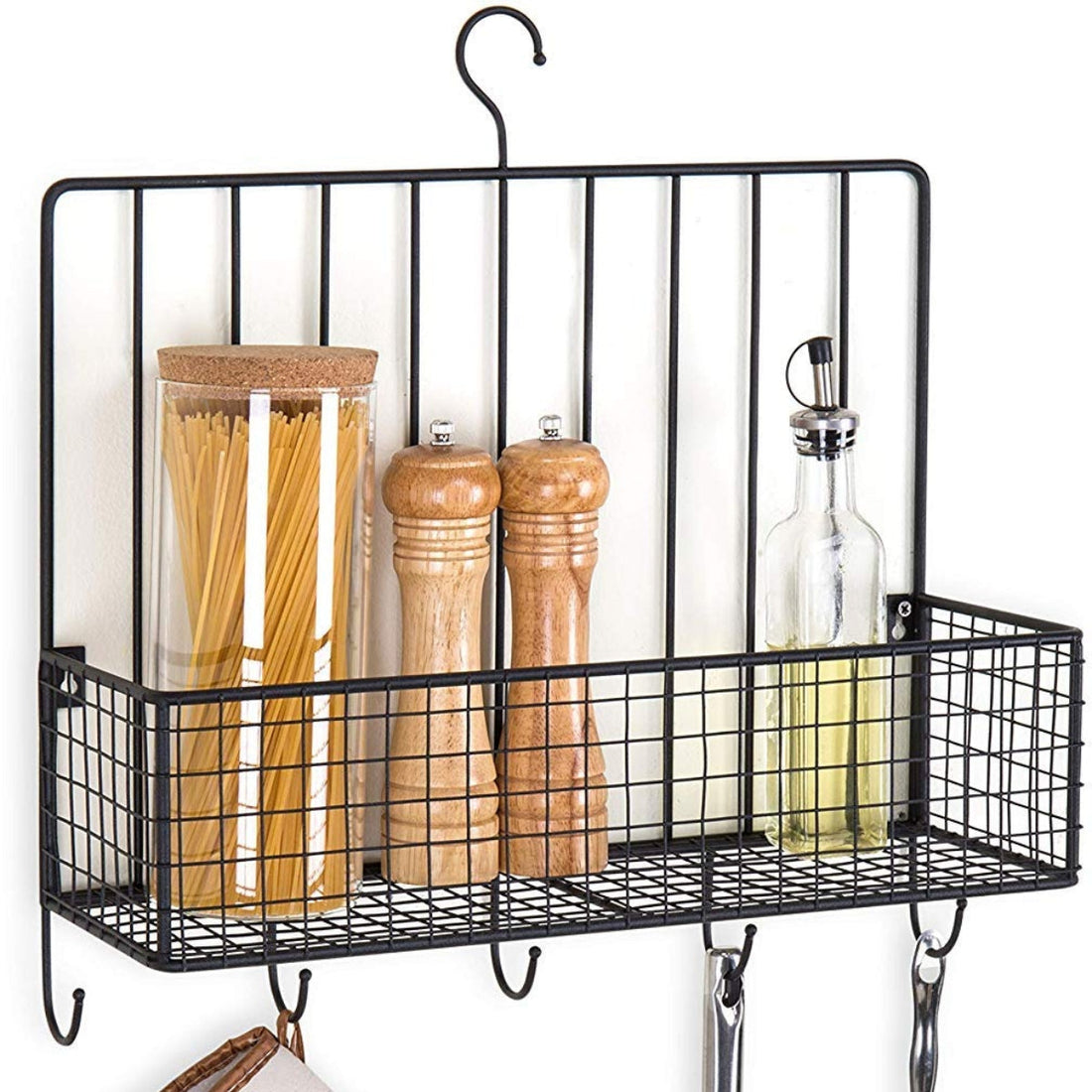 Metal Wall-Mounted Spice Rack with 5 Utensil Hooks