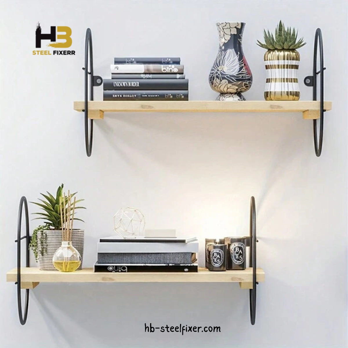 Wall-Mounted Floating Shelf, Pine Wood Surface, Black Oval Metal Frame
