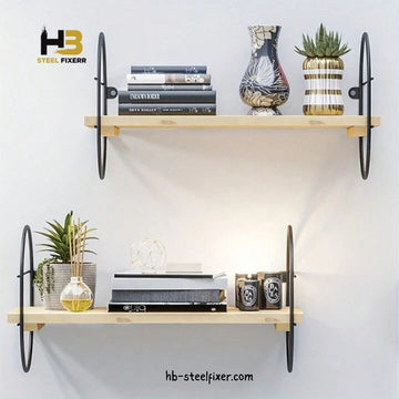 Wall-Mounted Floating Shelf, Pine Wood Surface, Black Oval Metal Frame