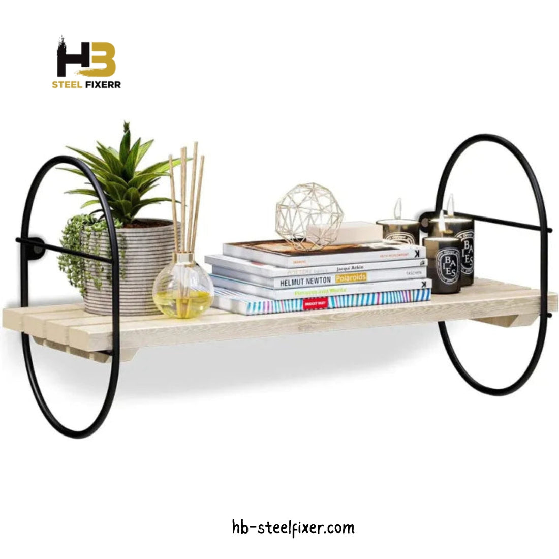 Wall-Mounted Floating Shelf, Pine Wood Surface, Black Oval Metal Frame