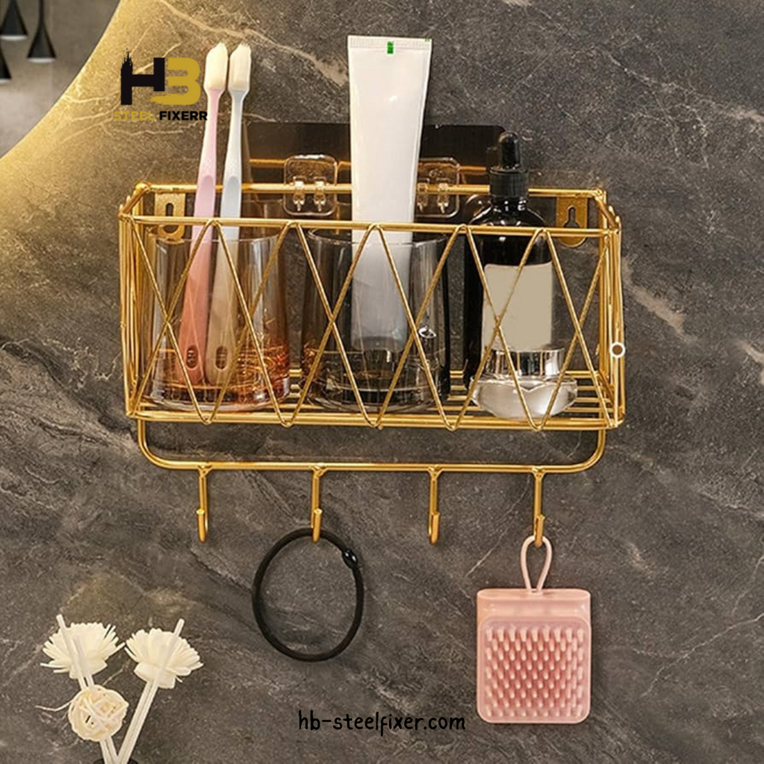 Premium Rustproof Wall-Mounted Bathroom Shelf with Hooks