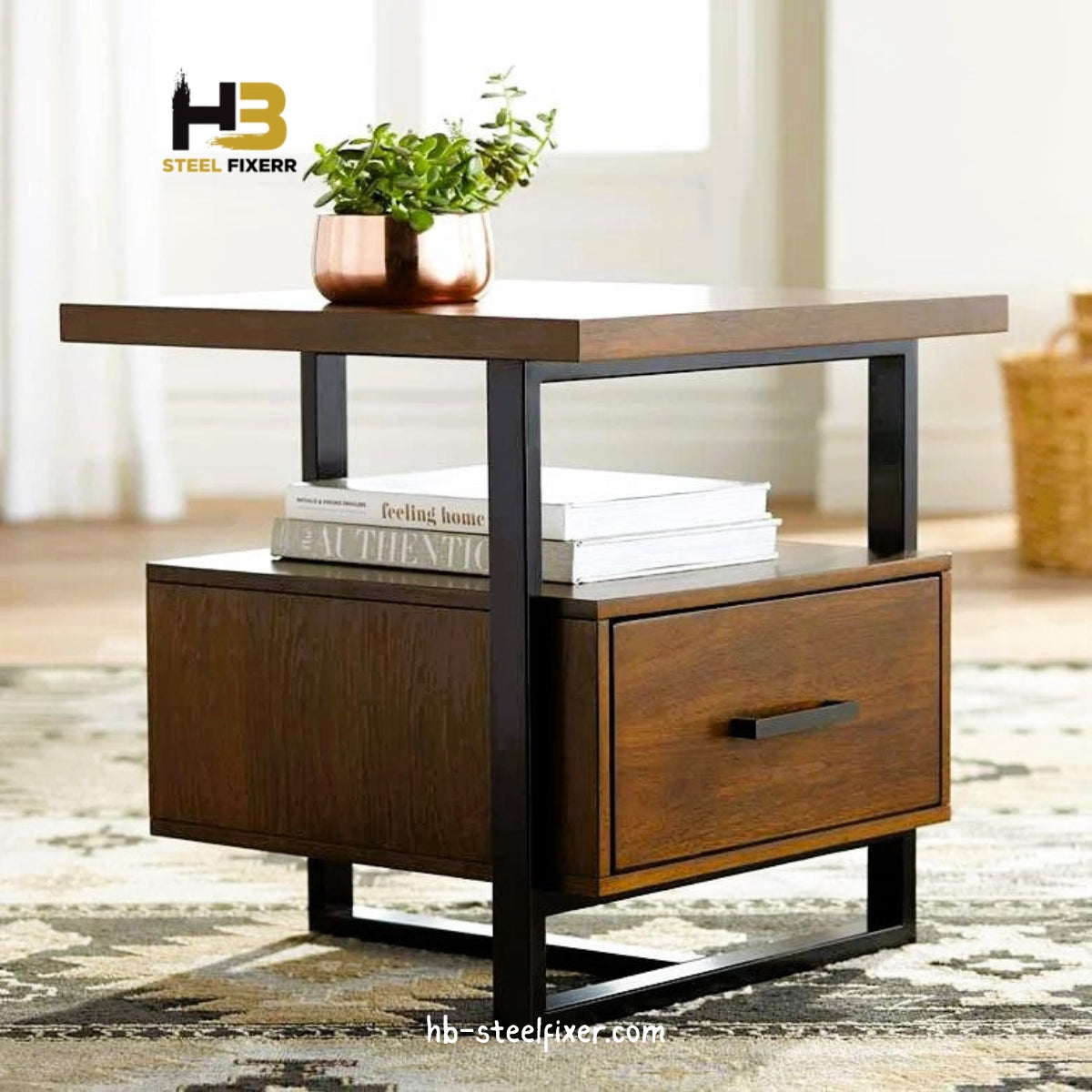 Modern Iron End Table with Storage Drawer – Fully Assembled