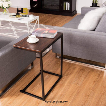 Modern C-Shaped Laptop Side Table – Wood Top with Black Iron Frame (2 Sizes)