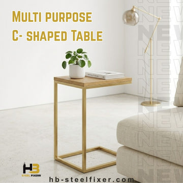 HB Steel Fixer C-Shaped Side Table – Gold Metal Frame with Wooden Top (Space Saving Design)