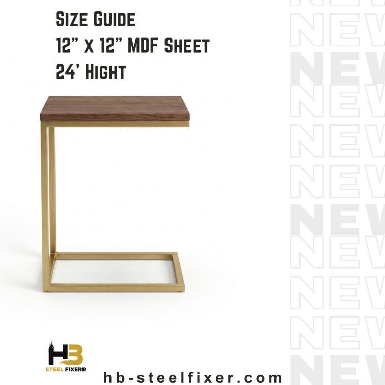 HB Steel Fixer C-Shaped Side Table – Gold Metal Frame with Wooden Top (Space Saving Design)