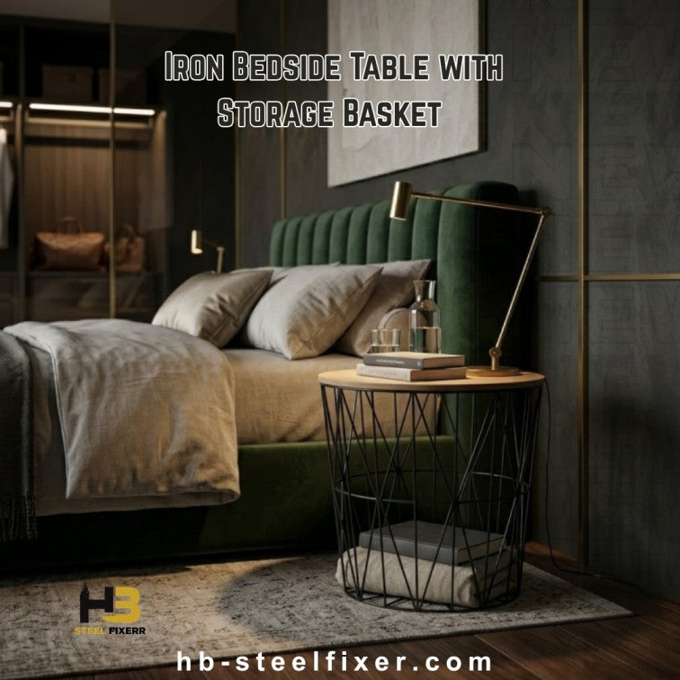 HB Steel Fixer Modern Iron Bedside Table with Storage Basket &amp; Cover – Space Saving Organizer