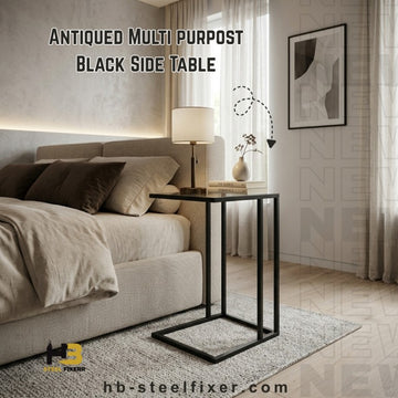 HB Steel Fixer Nordic Style Side Table – Black Metal Frame with Transparent Top (12” x 12”, Height 24”)