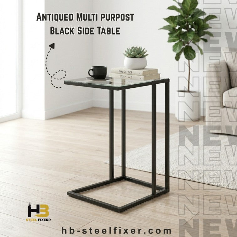 HB Steel Fixer Nordic Style Side Table – Black Metal Frame with Transparent Top (12” x 12”, Height 24”)