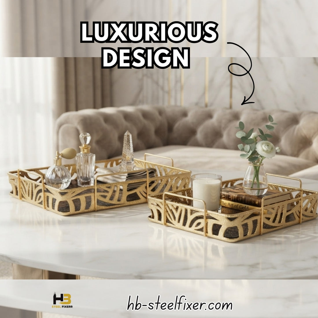 Premium Set of 2 Gold  Serving Trays with Handles | Luxury Makeup Organizer | Jewelry Display Tray | Fruit & Snack Serving Tray | HB Steel Fixerr