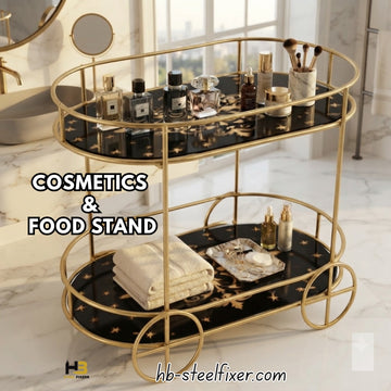 Premium 2 Tier Gold Cosmetic Organizer Stand | Makeup Storage Rack | Bathroom Vanity Organizer | Fruit & Snack Serving Trolley | HB Steel Fixerr