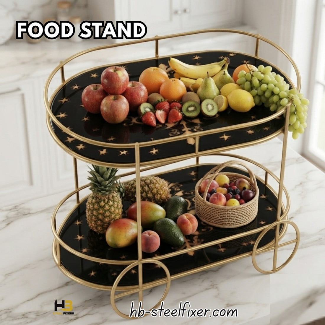 Premium 2 Tier Gold Cosmetic Organizer Stand | Makeup Storage Rack | Bathroom Vanity Organizer | Fruit & Snack Serving Trolley | HB Steel Fixerr
