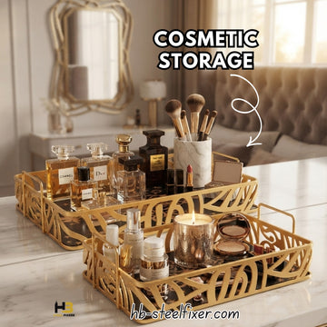 Premium Set of 2 Gold  Serving Trays with Handles | Luxury Makeup Organizer | Jewelry Display Tray | Fruit & Snack Serving Tray | HB Steel Fixerr